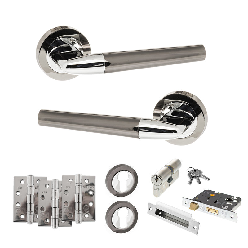 STATUS Tennessee Door Handle Pack (Euro Lock Set - 2.5" CE Sashlock, 4" Fire Rated Hinges x3) - Black Nickel/Polished Chrome