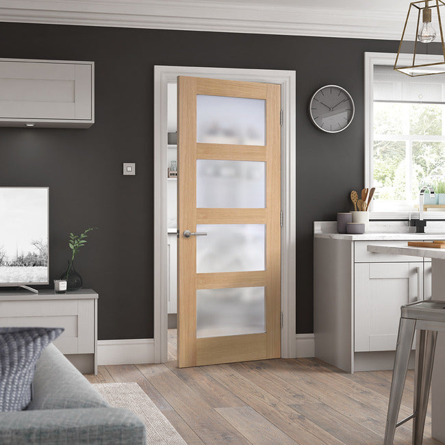 Pre-Assembled Shaker Glazed 4L Frosted Pre-finished Oak Door Set