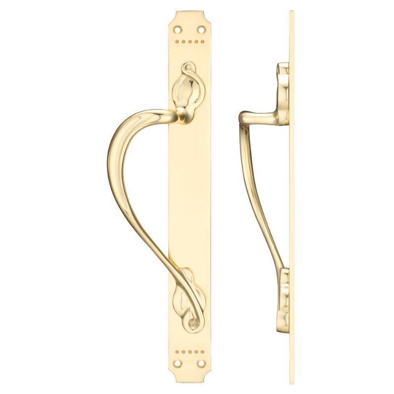 Zoo Cast Brass Pull Handle with Art Nouveau Backplate - Left Handed - 377 x 42mm-Polished Brass