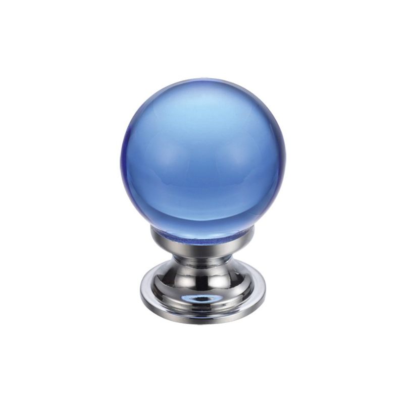 Zoo Glass Ball Cabinet Knob - Plain Blue 25mm-Polished Brass