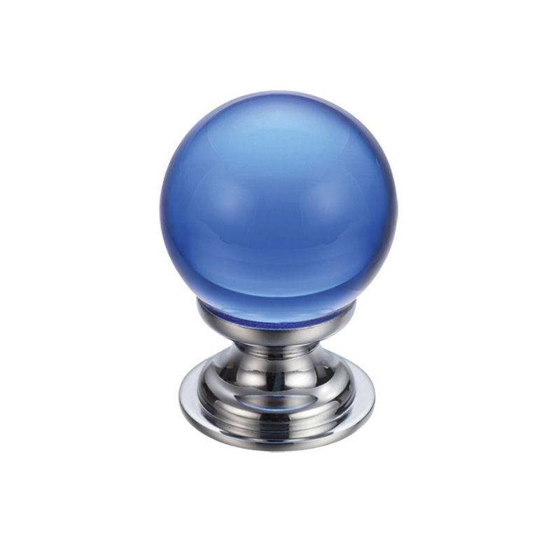 Zoo Glass Ball Cabinet Knob - Plain Blue 30mm-Polished Brass