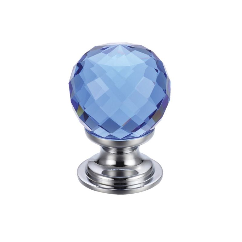 Zoo Glass Ball Cabinet Knob - Facetted Blue 30mm-Polished Brass