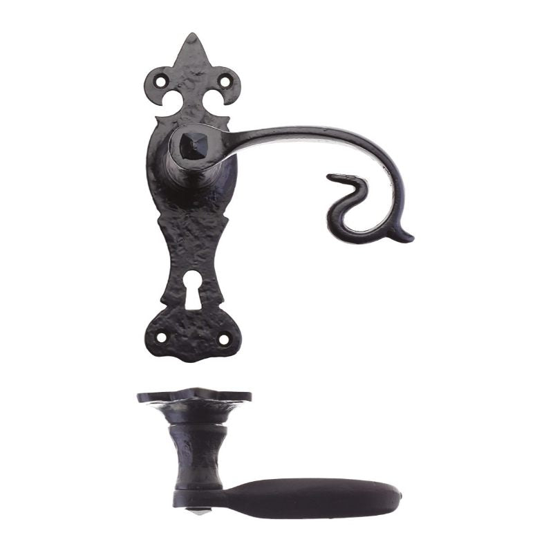 Zoo Scroll Lever on Fleur De Lys Backplate - 6" - Lock-Black Antique