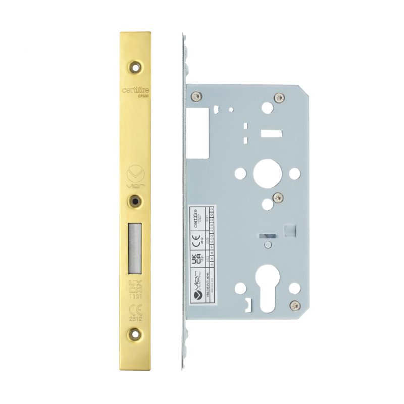 Zoo Din Euro Deadlock- Backset 60mm - 2 Pc Forend - Square - PVDG- Polished Brass Effect-PVD Satin Brass