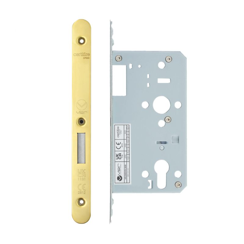 Zoo Din Euro Deadlock- Backset 60mm - 2 Pc Forend - Radius - PVDG - Polished Brass Effect-PVD Satin Brass