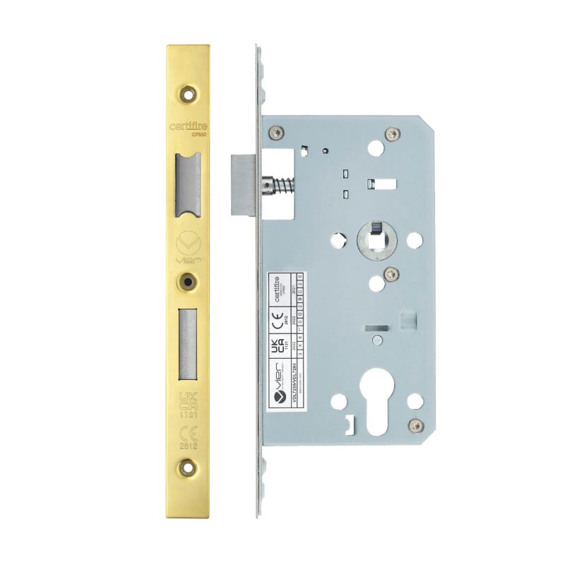 Zoo Din Euro Sashlock- Backset 60mm - 2 Pc Forend - Square - PVDG- Polished Brass Effect-PVD Satin Brass